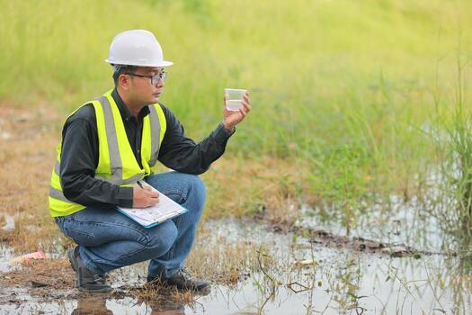 INICIO environmental engineers work at water source to check for contaminants in water sources and analysing water test results for reuse world environment day concept photo