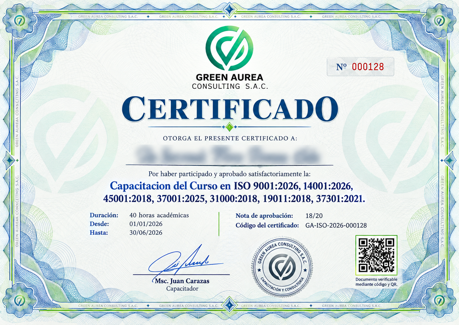 Modelo ilustrativo de certificado Green Aurea